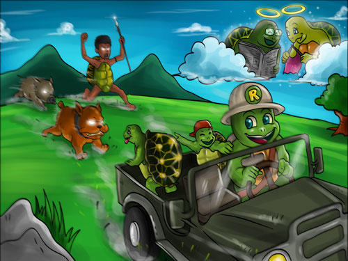 Ranger Rom driving a 4x4 with his geometric tortiouse family being chased by poachers